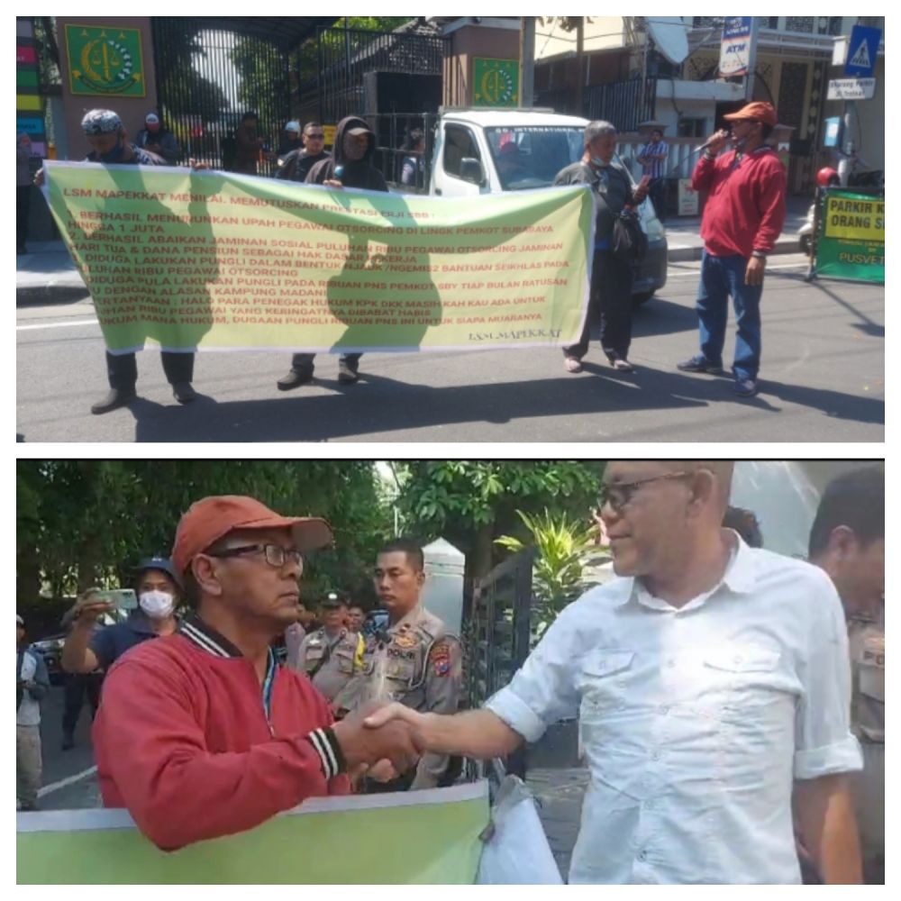 Geram Laporannya Tak Ada Kejelasan, MAPEKKAT Demo Kejati Jatim Dan Serahkan Spanduk Tuntutan Ke Bakesbangpol Kota Surabaya