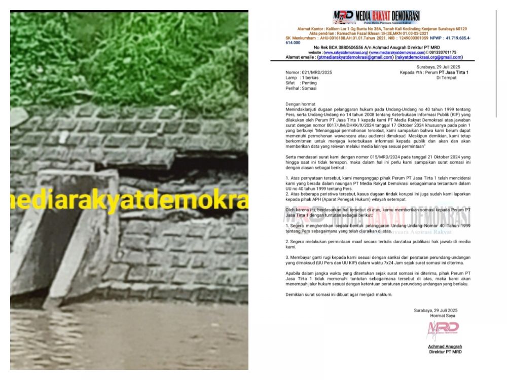 Tak Hanya Dilaporkan Terkait Dugaan Korupsi Atas Proyek Lindung Tebing Kali Jagir, PT Jasa Tirta1 Juga Disomasi Terkait Dugaan Pelanggaran UU Pers