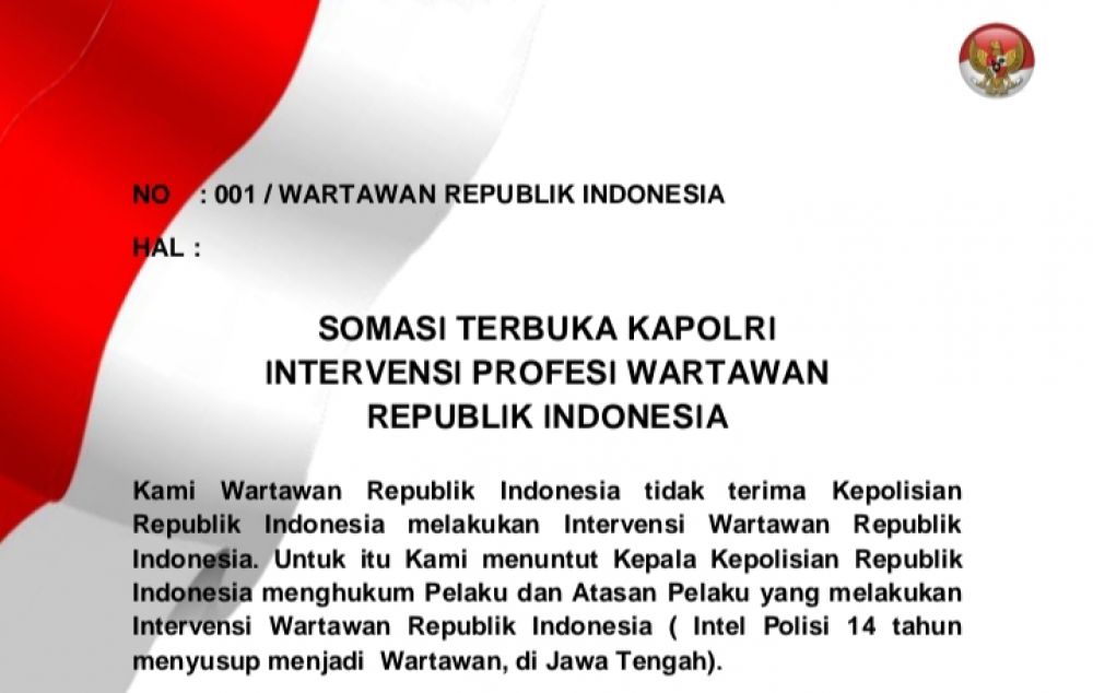 Wartawan Republik Indonesia Somasi Terbuka Kapolri, Minta 8 Tuntutan Ini...