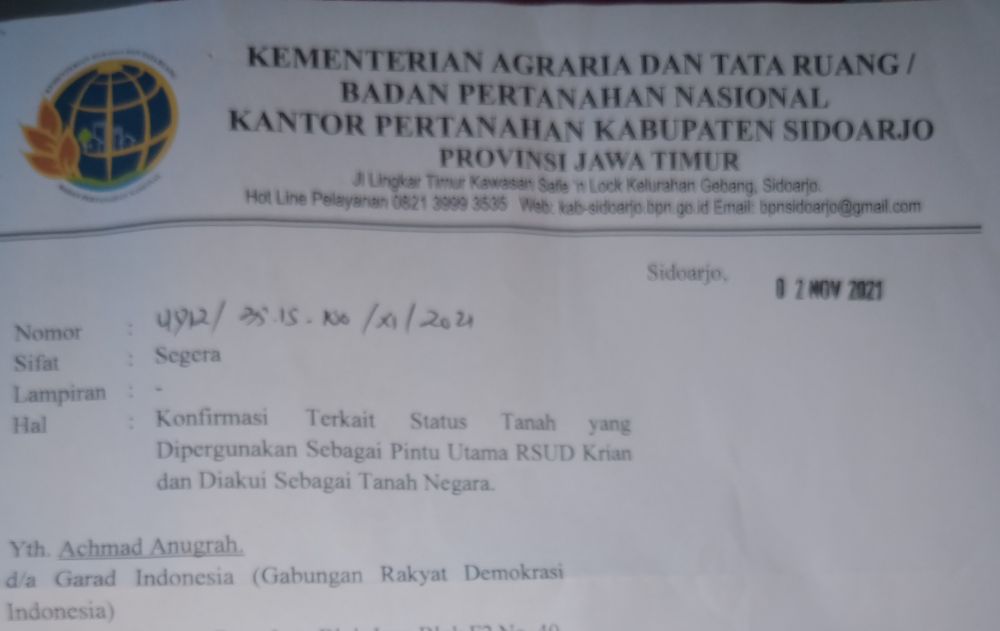 Terkait SK Persetujuan SHM Atas Tanah Bibis Bunder Yang Digusur, BPN Sidoarjo Akui Tak Sampaikan Surat Perintah Setor (SPS)