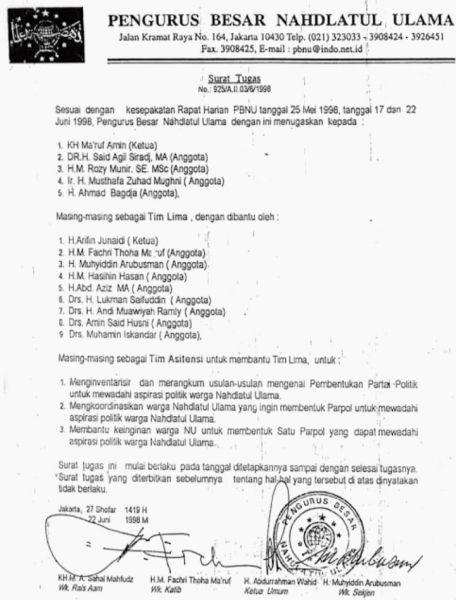 Beredar Surat Tugas PBNU Untuk Membentuk Partai Politik, Cikal Bakal PKB?