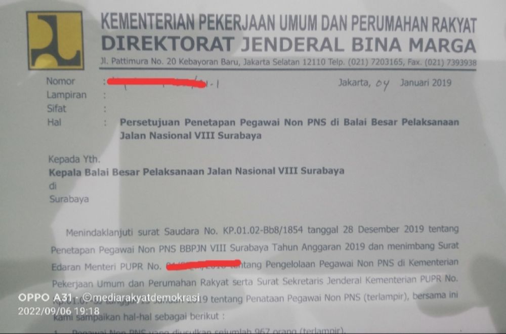 Pegawai Kontrak BBPJN VIII Surabaya Alami Kisah Pilu!! Namanya Terdaftar Dalam Persetujuan Kementerian PUPR BM, Namun Tak Diberi Surat PKWT