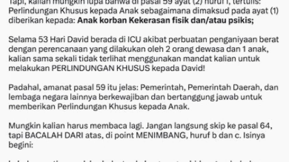 Surat Terbuka Keluarga David Ozora Buat KPAI, Ngeluh 53 Hari Di ICU Tak Dapat Perlindungan Khusus