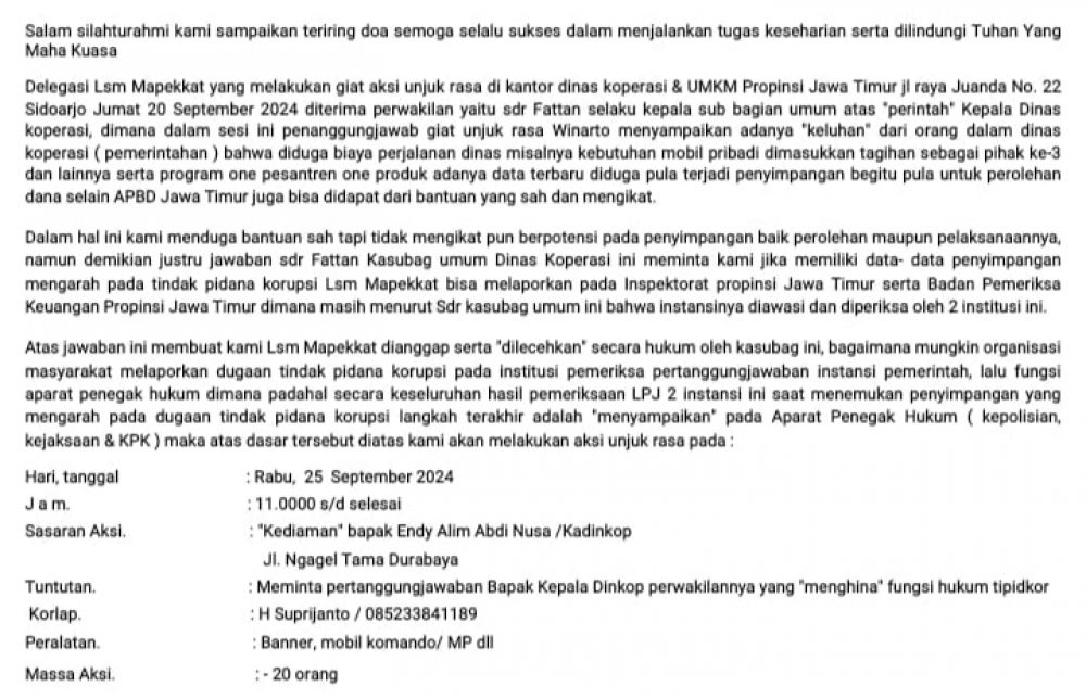 Gegara Kasubag Umum Dianggap Lecehkan Penegak Hukum, MAPEKKAT Bakal Demo Kediaman Mantan Wakil Ketua DPRD Jatim Yang Juga Ortu Kadinkop