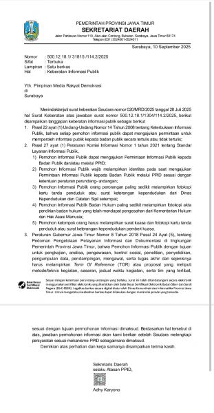 Balasan Surat Keberatan Terkait Dugaan Penyalagunaan APBD Pada Program OPOP Periode 2020-2024, Sekdaprov Jatim Dinilai Kesampingkan UU Pers