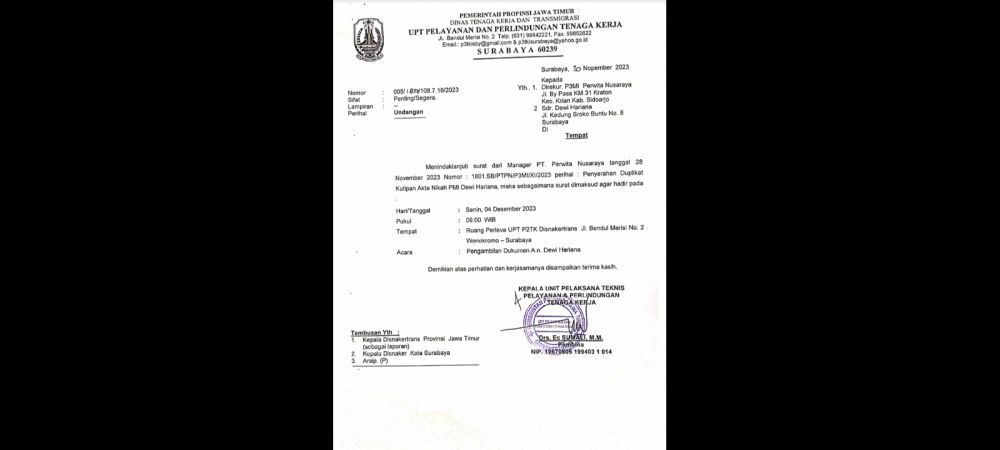 Terkait Persoalan PMI Dengan PT Perwita Nusaraya, Kepala UPTP2TK Disnakertrans Jatim Dianggap Alergi Dengan Control Sosial Masyarakat