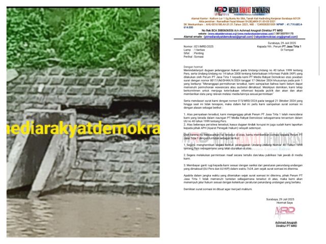 Tak Hanya Dilaporkan Terkait Dugaan Korupsi Atas Proyek Lindung Tebing Kali Jagir, PT Jasa Tirta1 Juga Disomasi Terkait Dugaan Pelanggaran UU Pers