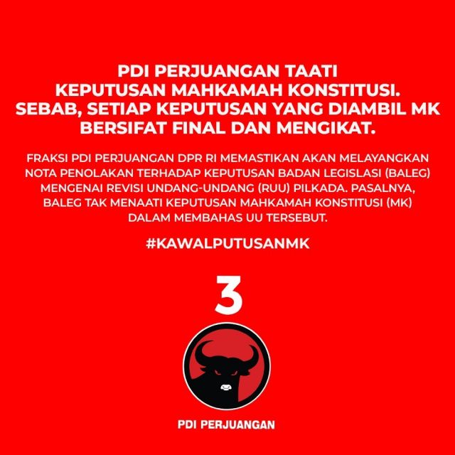 Taati Putusan MK Soal Ambang Batas Pilkada, PDIP Bakal Layangkan Nota Penolakan Keputusan Baleg DPR RI Terkait Revisi RUU Pilkada