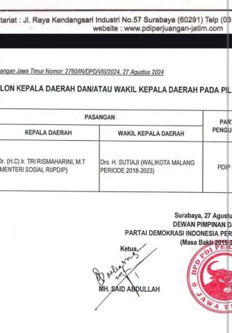 Beredar Surat Rekomendasi PDIP Untuk Pasangan Risma-Sutiaji Maju Pilgub Jatim 2024