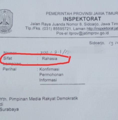 Inspektorat Jatim Diduga Lakukan Pembodohan Publik, Jawab Surat Bersifat Rahasia Tapi Isinya bersifat Umum