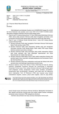 Balasan Surat Keberatan Terkait Dugaan Penyalagunaan APBD Pada Program OPOP Periode 2020-2024, Sekdaprov Jatim Dinilai Kesampingkan UU Pers